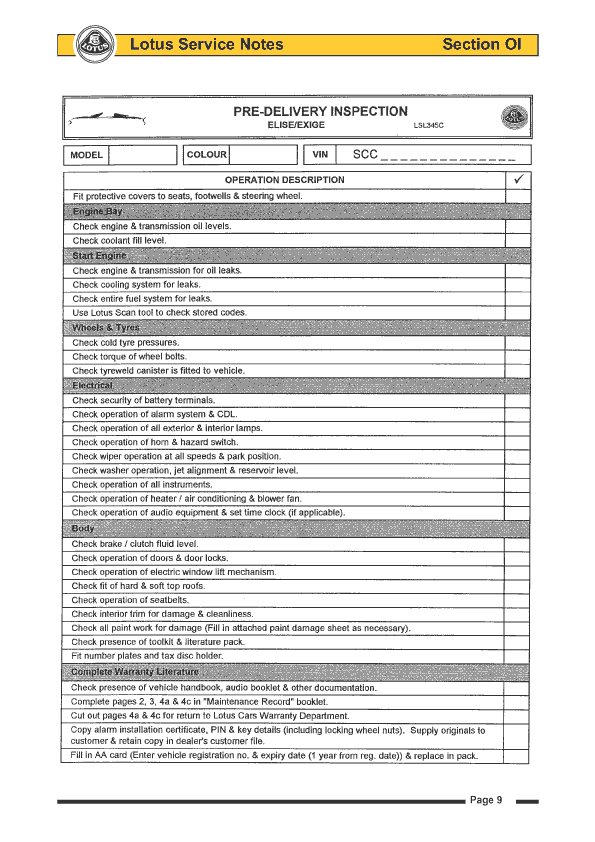 pre delivery inspection chart