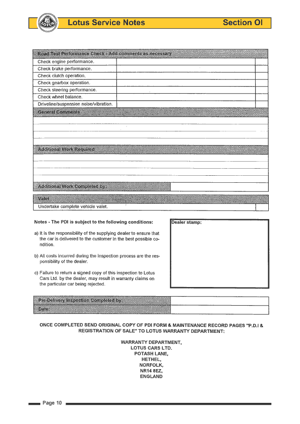 page two of pre delivery chart