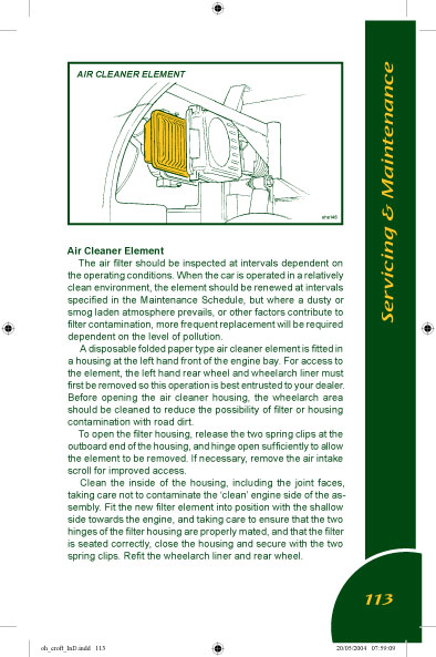 Lotus Elise air filter from owner's manual